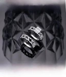Macro shot of S925 silver two-piece ring set with rectangle cubic zirconia and micro-pave