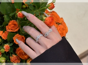 Close-up of S925 silver rings set with sparkling zircon crystals on model's finger