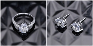 Detailed view of pear-shaped diamond ring and stud earrings with floral clusters