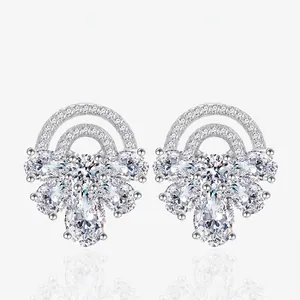 925 Sterling Silver Stud Earrings For Women Semi Circular Arc Fan Shaped Zirconia Inlaid Luxury Elegant Shiny Jewelry Earring