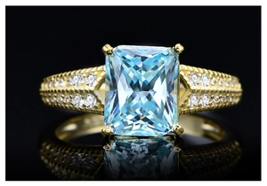 Macro detail of radiant cut ice flower yellow diamond ring in gold plated silver