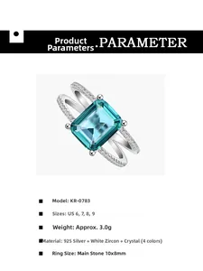 Detail of 925 silver ring featuring an emerald-cut blue crystal and zircon pave band