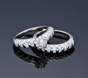 Detail of 925 sterling silver ring set with snowflake cluster and baguette zircon stones