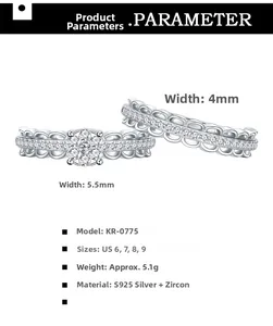 Macro detail of S925 sterling silver ring set with 4mm and 5.5mm lace zircon bands