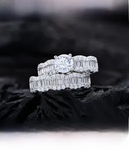 Macro shot of S925 silver ring set with round and baguette cut cubic zirconia stones