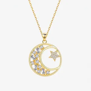 S925 Sterling Silver Star Moon Pendant Necklace For Women Zirconia Inlaid Adjustable Clavicle Chain Fashion Jewelry Gift