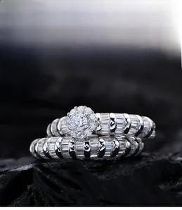 Macro shot of 925 silver ring set with 5A cubic zirconia and baguette accent stones