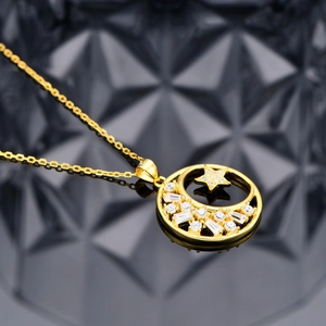 Elegant gold S925 sterling silver necklace featuring a moon and star zircon pendant