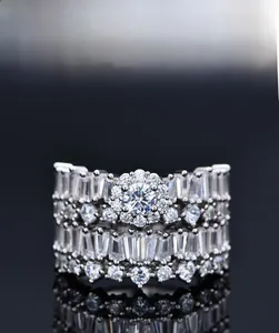 Macro detail of 925 sterling silver ring with 5A cubic zirconia stones and mirror reflection