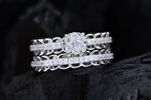Macro shot of S925 silver double-layer lace mesh rings with clustered diamonds