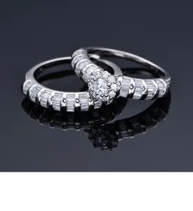 Detail of 925 silver rings with multilayer plating and micro-set rectangular zircon stones