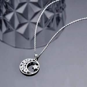 S925 Sterling silver star and moon pendant necklace with sparkling cubic zirconia inlay