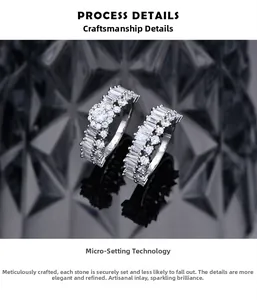 Close-up of microscope micro-pave setting with baguette diamonds on wave-shaped silver rings