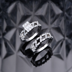 S925 silver stacked ring set with emerald cut zircon stones and pavé detailing