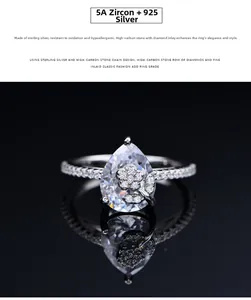 Detailed macro view of S925 silver ring featuring a pear-cut zircon with floral inlay
