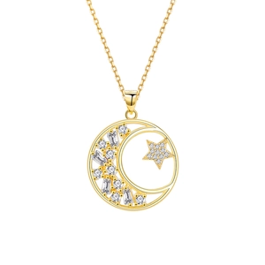 Elegant 18K gold S925 sterling silver star and moon pendant necklace with zircon crystals