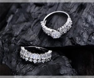 Macro view of baguette cut and round zircon stones on silver eternity ring set