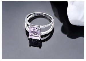 Detailed macro view of S925 silver ring featuring a large purple rectangular gemstone