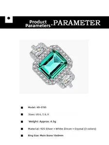 Detailed specs of emerald cut green crystal ring with white zircon side stones in S925 silver