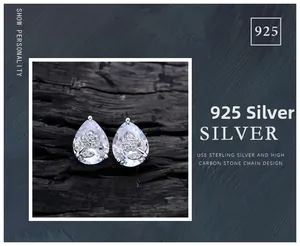 Macro detail of pear-cut sterling silver floral stud earring with high carbon stones