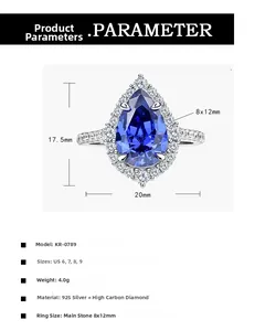 Detailed size specifications for a 8x12mm pear cut blue sapphire halo silver ring