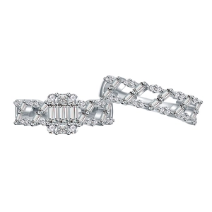 S925 silver stacked ring set with rectangular cubic zirconia in geometric hollow design