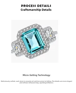 Detailed macro view of emerald-cut blue gemstone ring with micro-pavé setting