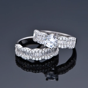 Sparkling S925 silver wave bridal set with six-prong zircon and matching band