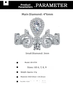 Detail view of 925 silver crown ring with 4x6mm pear-cut cubic zirconia and scroll patterns