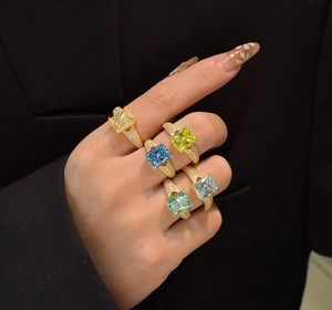 Five colorful 5.6ct ice-cut radiant yellow and green gemstone rings on S925 silver bands