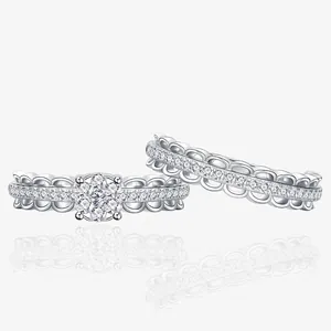 Women S925 Sterling Silver Stackable Ring Set Rhinestone Elegant Wave Lace Mesh Design Adjustable Jewelry Wedding Jewelry
