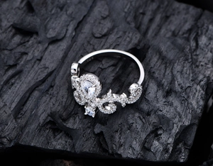 Macro detail of crown ring in 925 sterling silver with pear-cut cubic zirconia