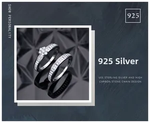 Macro view of S925 silver ring set with baguette-cut zircons on a dark reflective surface