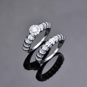 S925 sterling silver ring set with halo round center stone and baguette zircon side stones