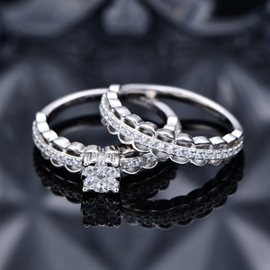 Lace mesh S925 silver wedding ring set with white diamonds and wavy hollow band design