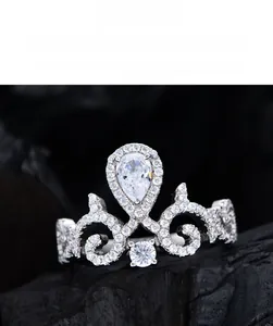 Macro detail of crown ring with pear-shaped 5A zircon set in polished 925 silver