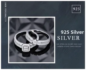Vue détaillée de la bague en argent S925 avec zircon de taille carrée et motif chaîne