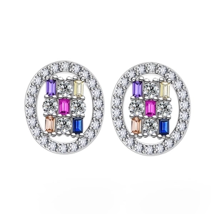 Elegant S925 sterling silver oval stud earrings with vibrant multi-color gemstones