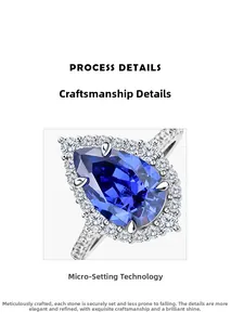 Detailed macro view of pear-cut blue sapphire ring with halo micro-pave diamond setting