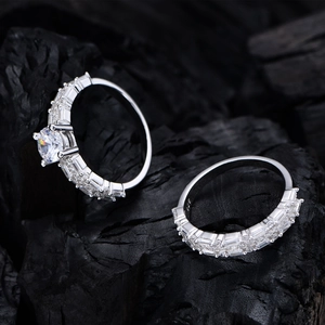 925 silver wedding ring set with 6mm main stone and half-eternity band on black coal stone