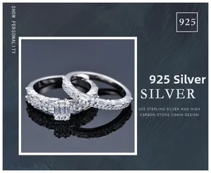 Detailed macro view of 925 sterling silver ring set with radiant cut stone and pavé diamonds