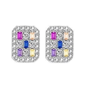 Rectangular sterling silver stud earrings with colorful gemstones and pavé zirconia halo