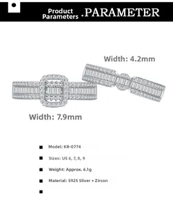 Spécifications de taille pour l'ensemble de bagues en argent S925 et oxydes de zirconium