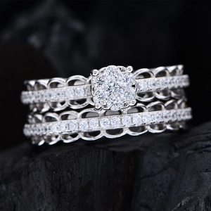 Lace design S925 silver ring set with floral cluster stones and hollow mesh pattern