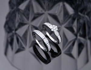 Detail of S925 silver ring set with cluster flower design and baguette cubic zirconia stones