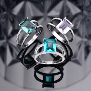 Three S925 silver rings with emerald cut green pink and blue synthetic gemstones