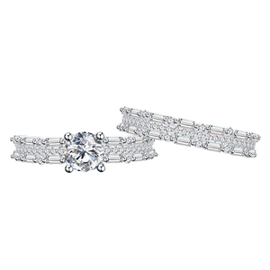 Classic 925 silver two-piece ring set with round main stone and baguette-cut accents