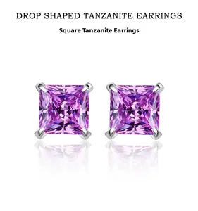 Detail of square rose red high carbon diamond earrings in 925 sterling silver prong setting