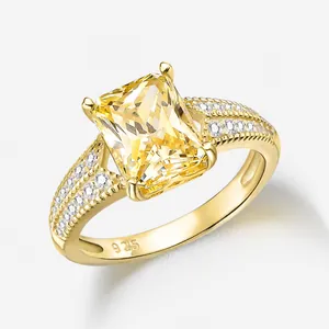 Luxury 925 Sterling Silver Radiant Cut Rectangular Yellow Rhinestone Ring Electroplated 14K Gold Micro Pave Finger Ring Women Party Jewelry