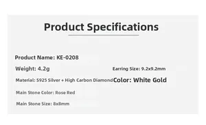 Detailed S925 silver earring specifications with rose red 8x8mm high carbon diamond